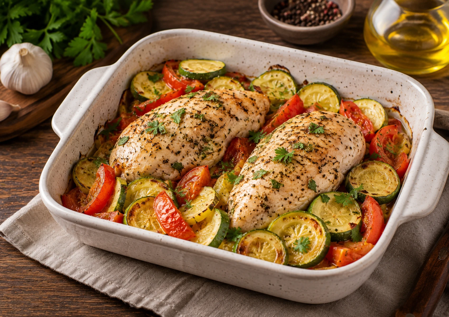 Куриное филе с кабачками в духовке — сочная грудка с овощами и зеленью